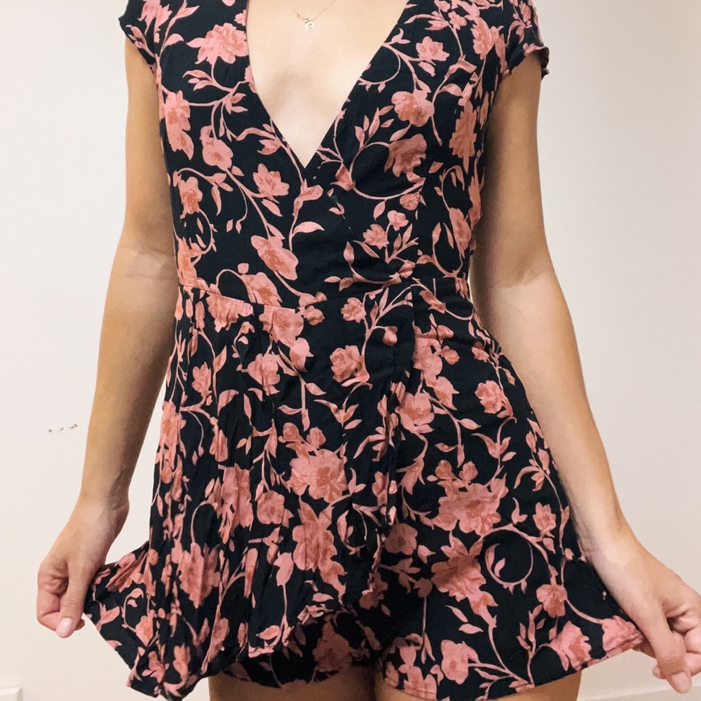 Pink and black floral romper